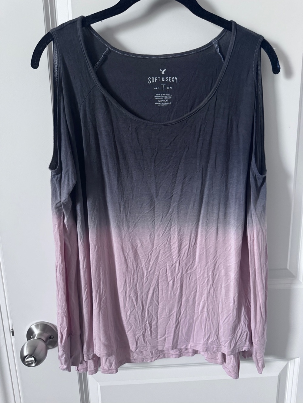 American Eagle Outfitters Ombre Cold-Shoulder Tank Top - Black to Light Pink-SM